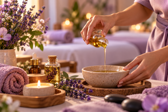 Preparación de Aceites para Masaje | ARTSPAMA Alicante Manos de una masajista preparando aceite de masaje en un ambiente relajante con lavanda y velas