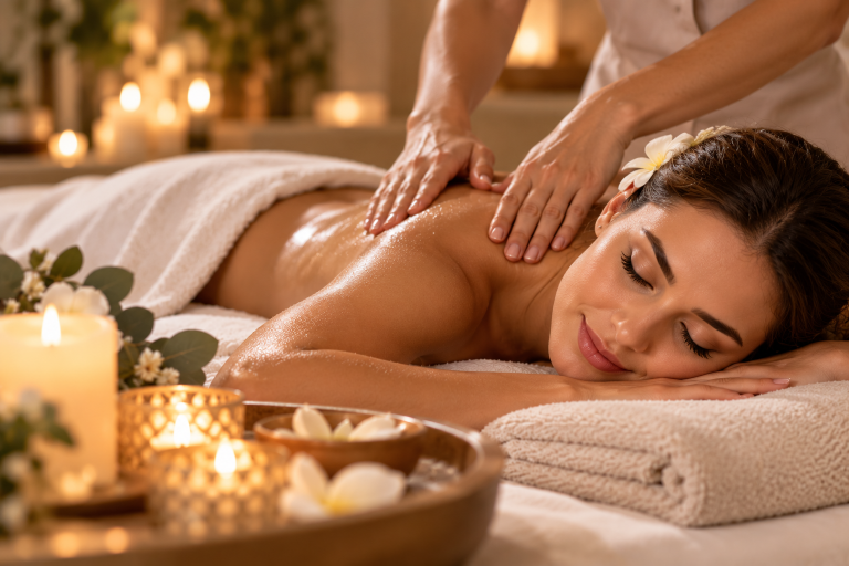 Masaje Relajante en Alicante | ARTSPAMA Mujer disfrutando de un masaje relajante de espalda en un ambiente cálido y acogedor