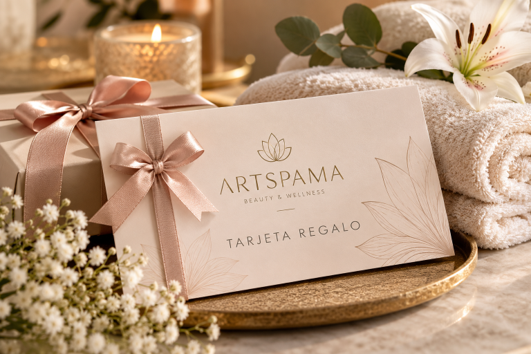 Tarjeta Regalo de Masajes en Alicante | ARTSPAMA Tarjeta regalo ARTSPAMA con lazo rosa para regalar masajes y tratamientos de bienestar en Alicante