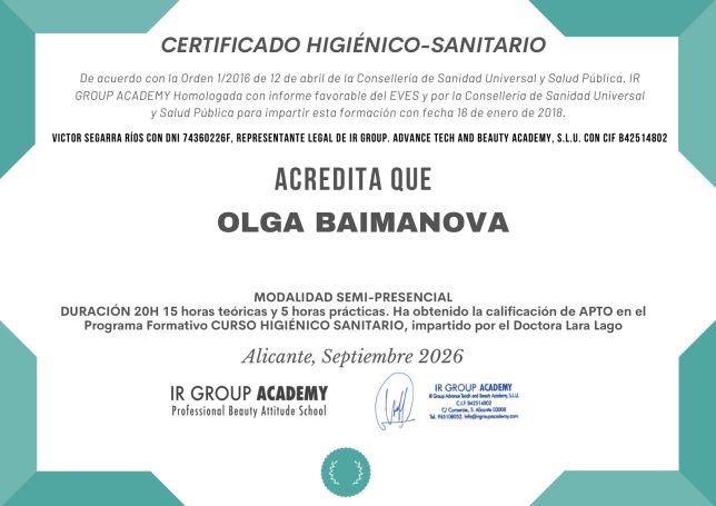 Certificado Higiénico-Sanitario | ARTSPAMA Certificado de formación higiénico-sanitaria de 20 horas, expedido por IR Group Academy en Alicante