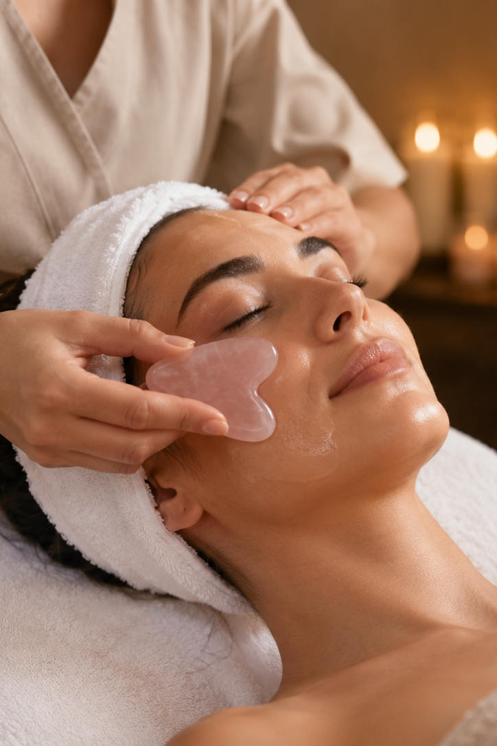 Hydrating facial treatment with Gua Sha massage to improve skin hydration and promote natural glow