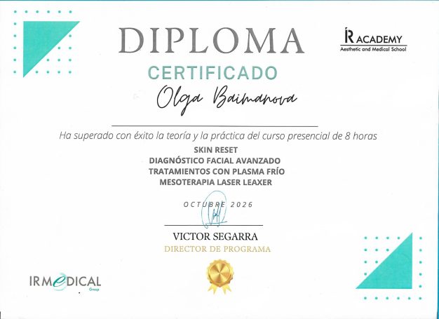 Diploma de Tratamientos Faciales | ARTSPAMA Diploma de formación en diagnóstico facial avanzado, plasma frío y mesoterapia láser, expedido por IR Academy