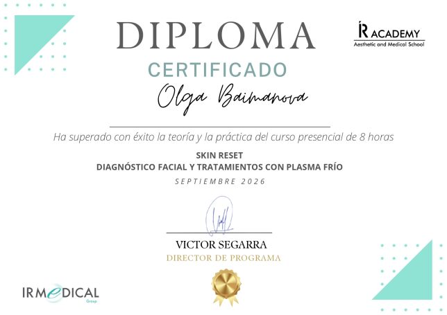 Diploma Skin Reset y Plasma Frío| ARTSPAMA Diploma de formación en diagnóstico facial y tratamientos con plasma frío, expedido por IR Academy